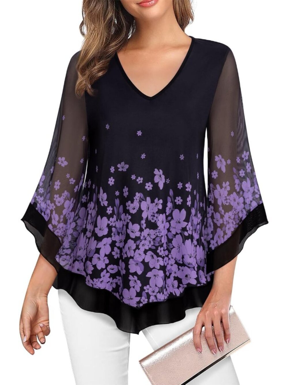 Women's Mesh Shirt Lilacy Double Layer Ruffle 3/4 Flared Sleeve Blouse Tunic Top